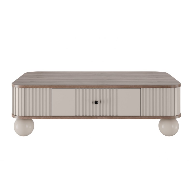Stolik kawowy z szufladą Vesper 103x60 cm - kaszmir / orzech / czarne uchwyty / nogi kule Stolik kawowy z szufladą Vesper 103x60 cm - kaszmir / orzech / czarne uchwyty / nogi kule