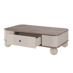 Stolik kawowy z szufladą Vesper 103x60 cm - kaszmir / orzech / czarne uchwyty / nogi kule Stolik kawowy z szufladą Vesper 103x60 cm - kaszmir / orzech / czarne uchwyty / nogi kule