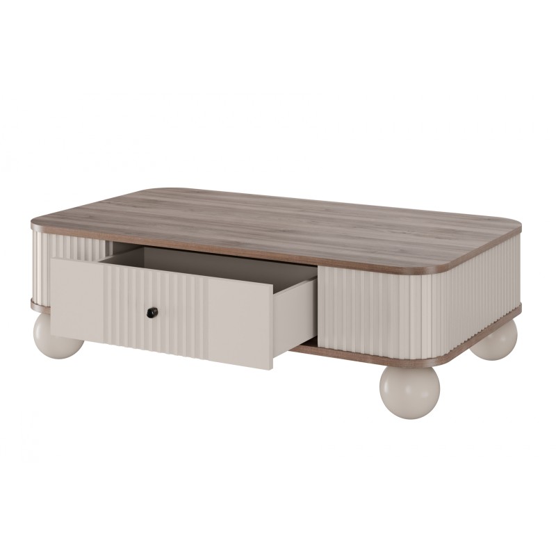 Stolik kawowy z szufladą Vesper 103x60 cm - kaszmir / orzech / czarne uchwyty / nogi kule Stolik kawowy z szufladą Vesper 103x60 cm - kaszmir / orzech / czarne uchwyty / nogi kule