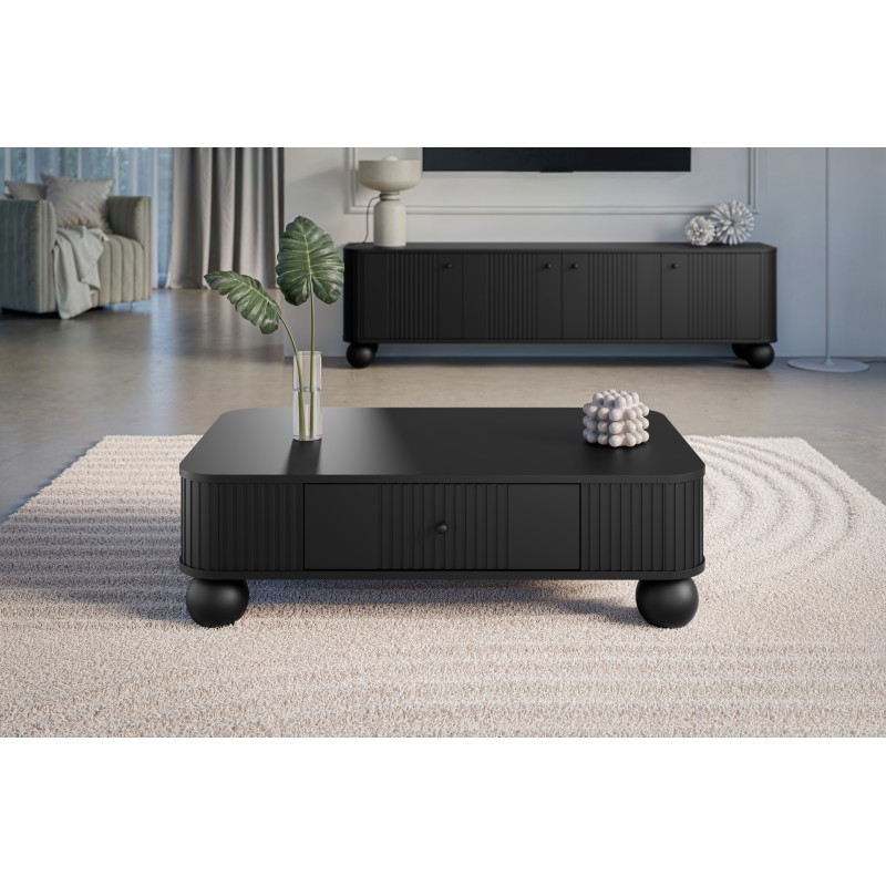 Stolik kawowy z szufladą Vesper 103x60 cm - czarny / czarne uchwyty / nogi kule Stolik kawowy z szufladą Vesper 103x60 cm - czarny / czarne uchwyty / nogi kule