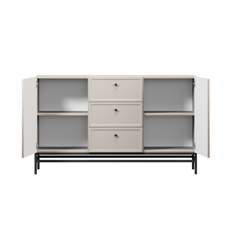 Komoda Lorini 150 cm z szufladami - kaszmir / czarne uchwyty / stelaż Komoda Lorini 150 cm z szufladami - kaszmir / czarne uchwyty / stelaż
