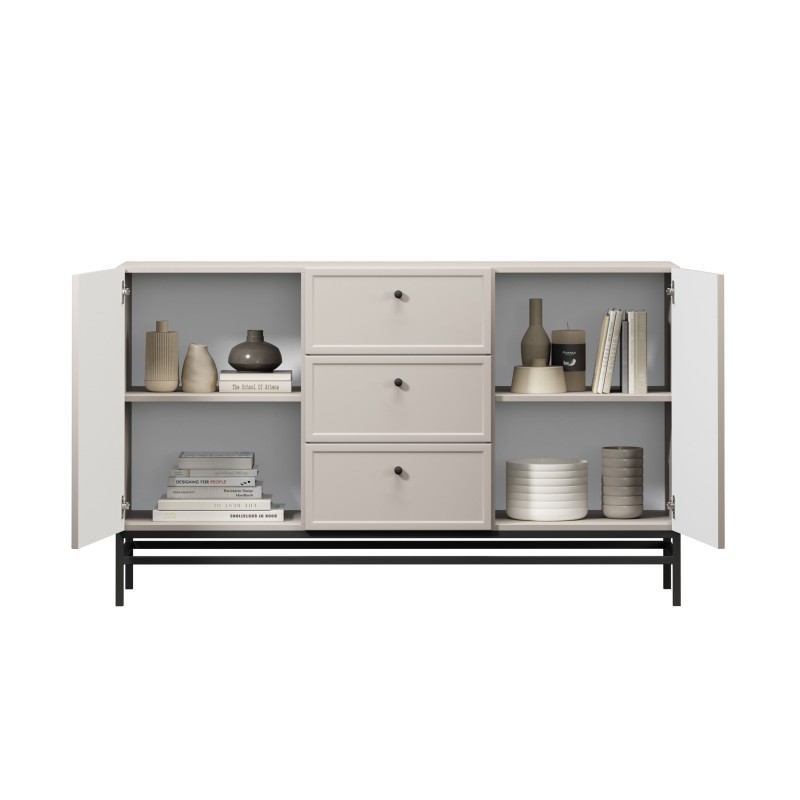 Komoda Lorini 150 cm z szufladami - kaszmir / czarne uchwyty / stelaż Komoda Lorini 150 cm z szufladami - kaszmir / czarne uchwyty / stelaż