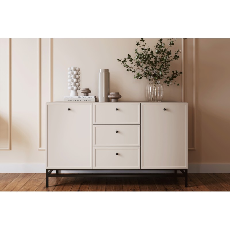 Komoda Lorini 150 cm z szufladami - kaszmir / czarne uchwyty / stelaż Komoda Lorini 150 cm z szufladami - kaszmir / czarne uchwyty / stelaż
