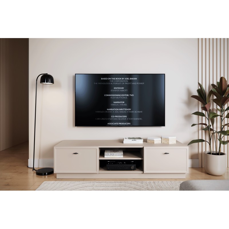 Szafka RTV Lorini 150 cm - kaszmir, czarne uchwyty T-bar