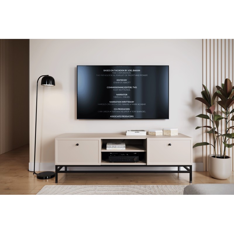 Szafka RTV Lorini 150 cm - kaszmir, czarne uchwyty