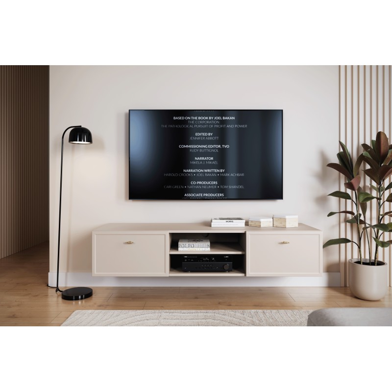 Szafka RTV wisząca Lorini 150 cm - kaszmir, złote uchwyty Szafka RTV wisząca Lorini 150 cm - kaszmir, złote uchwyty