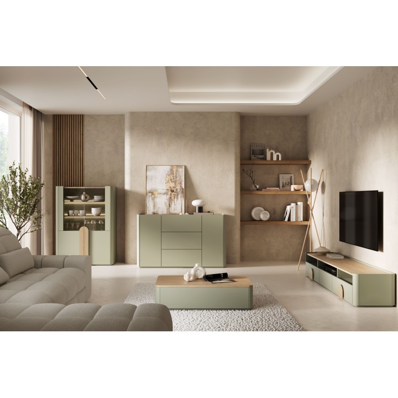 Witryna Amilio do salonu 100 cm - eukaliptus / dąb baltic dune / uchwyty dąb naturalny Witryna Amilio do salonu 100 cm - eukaliptus / dąb baltic dune / uchwyty dąb naturalny