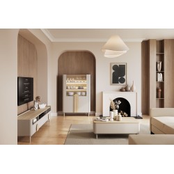 Szafka RTV Amilio 200 cm z szufladami na nóżkach - kaszmir / dąb olejowany / uchwyty dąb jasny