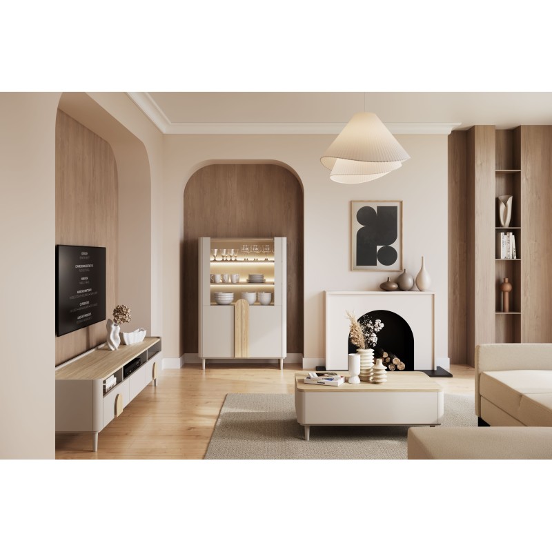 Szafka RTV Amilio 200 cm z szufladami na nóżkach - kaszmir / dąb olejowany / uchwyty dąb jasny