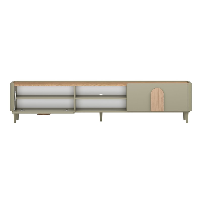 Szafka RTV Amilio 220 cm z szufladą na nóżkach - eukaliptus / dąb baltic dune / uchwyty dąb naturalny Szafka RTV Amilio 220 cm z szufladą na nóżkach - eukaliptus / dąb baltic dune / uchwyty dąb naturalny