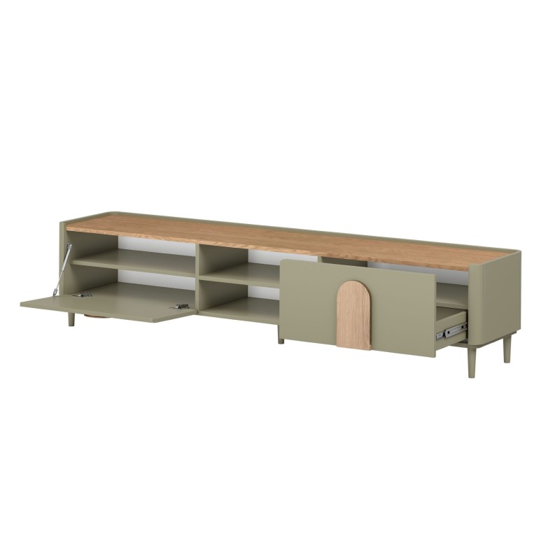 Szafka RTV Amilio 220 cm z szufladą na nóżkach - eukaliptus / dąb baltic dune / uchwyty dąb naturalny Szafka RTV Amilio 220 cm z szufladą na nóżkach - eukaliptus / dąb baltic dune / uchwyty dąb naturalny