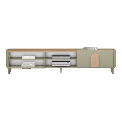 Szafka RTV Amilio 220 cm z szufladą na nóżkach - eukaliptus / dąb baltic dune / uchwyty dąb naturalny Szafka RTV Amilio 220 cm z szufladą na nóżkach - eukaliptus / dąb baltic dune / uchwyty dąb naturalny