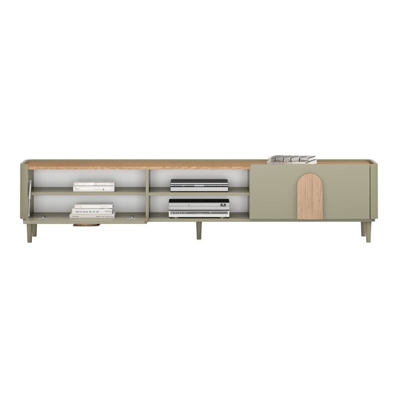 Szafka RTV Amilio 220 cm z szufladą na nóżkach - eukaliptus / dąb baltic dune / uchwyty dąb naturalny Szafka RTV Amilio 220 cm z szufladą na nóżkach - eukaliptus / dąb baltic dune / uchwyty dąb naturalny