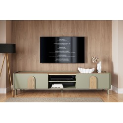 Szafka RTV Amilio 220 cm z szufladą na nóżkach - eukaliptus / dąb baltic dune / uchwyty dąb naturalny Szafka RTV Amilio 220 cm z szufladą na nóżkach - eukaliptus / dąb baltic dune / uchwyty dąb naturalny
