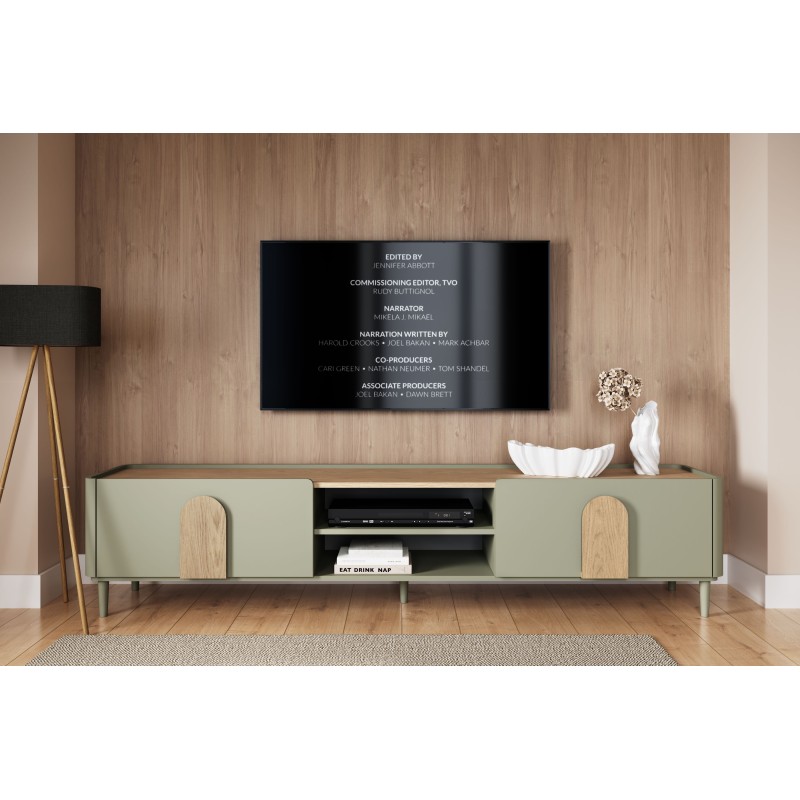 Szafka RTV Amilio 220 cm z szufladą na nóżkach - eukaliptus / dąb baltic dune / uchwyty dąb naturalny Szafka RTV Amilio 220 cm z szufladą na nóżkach - eukaliptus / dąb baltic dune / uchwyty dąb naturalny