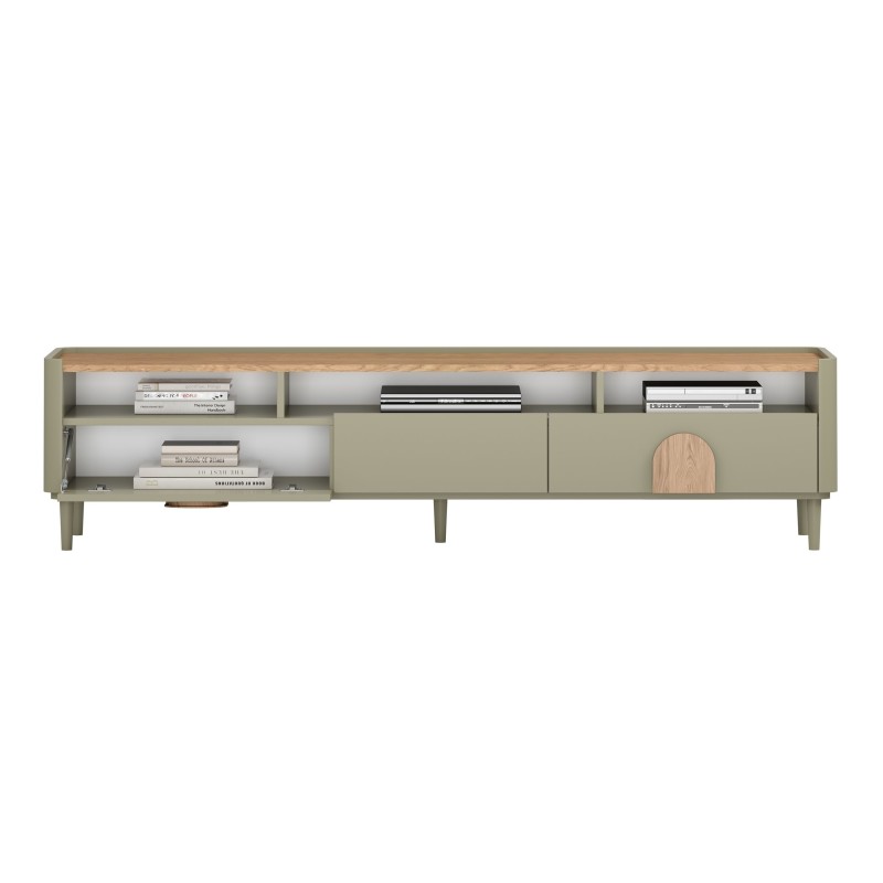 Szafka RTV Amilio 200 cm - eukaliptus, dąb, minimalistyczna Szafka RTV Amilio 200 cm - eukaliptus, dąb, minimalistyczna