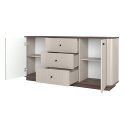Komoda Vesper 160 cm z szufladami - kaszmir / orzech / czarne uchwyty Komoda Vesper 160 cm z szufladami - kaszmir / orzech / czarne uchwyty