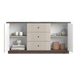 Komoda Vesper 160 cm z szufladami - kaszmir / orzech / czarne uchwyty Komoda Vesper 160 cm z szufladami - kaszmir / orzech / czarne uchwyty