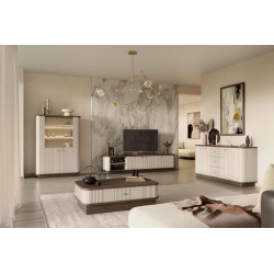 Szafka RTV Vesper 3D - kaszmir, orzech, złote uchwyty Szafka RTV Vesper 3D - kaszmir, orzech, złote uchwyty