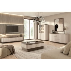 Szafka RTV Vesper 4D - kaszmir, orzech, złote uchwyty Szafka RTV Vesper 4D - kaszmir, orzech, złote uchwyty