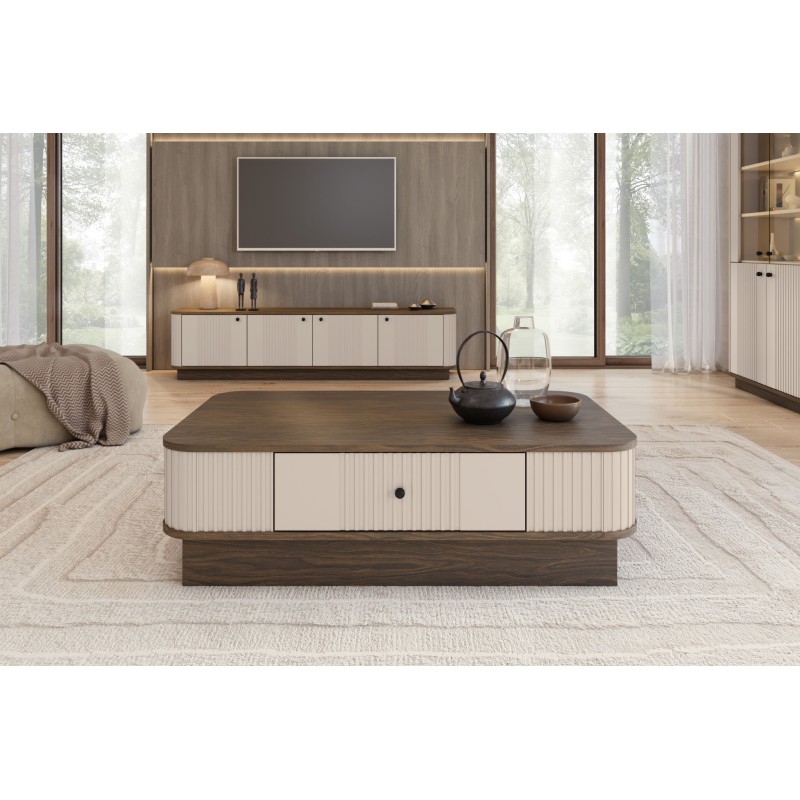 Stolik kawowy z szufladą Vesper 103x60 cm - kaszmir / orzech / czarny uchwyt Stolik kawowy z szufladą Vesper 103x60 cm - kaszmir / orzech / czarny uchwyt