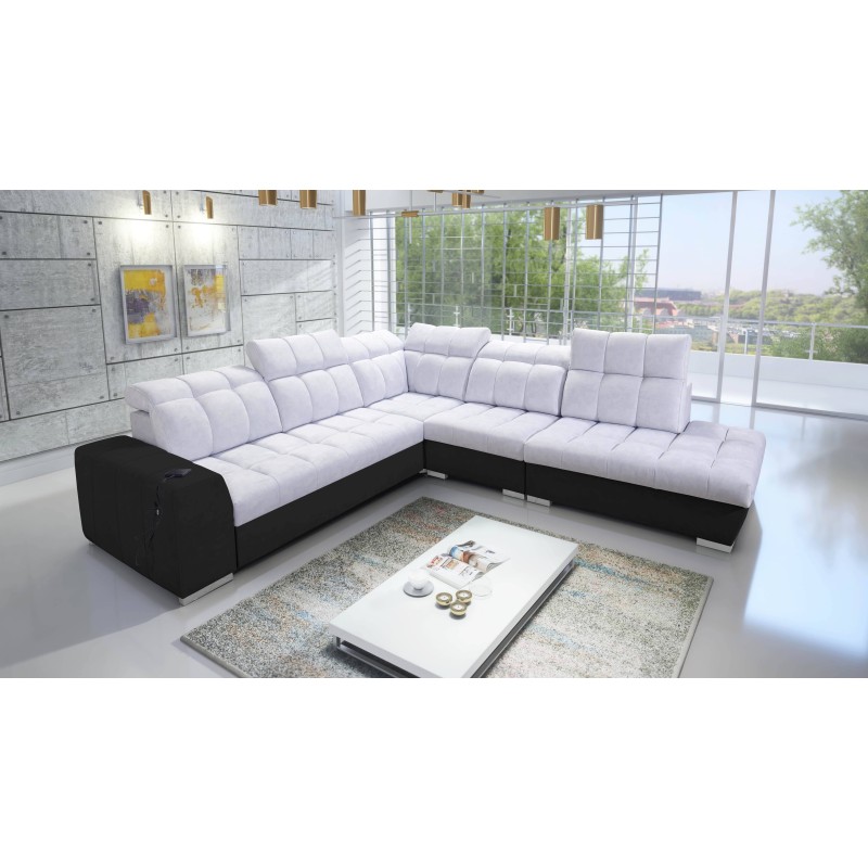 Prisma IX Corner Sofa with a sleeping function, USB port, and bedding storage - Velvet | Pet friendly, Terra 80 + Black Eco-leat Prisma IX Corner Sofa with a sleeping function, USB port, and bedding storage - Velvet | Pet friendly, Terra 80 + Black Eco-leat
