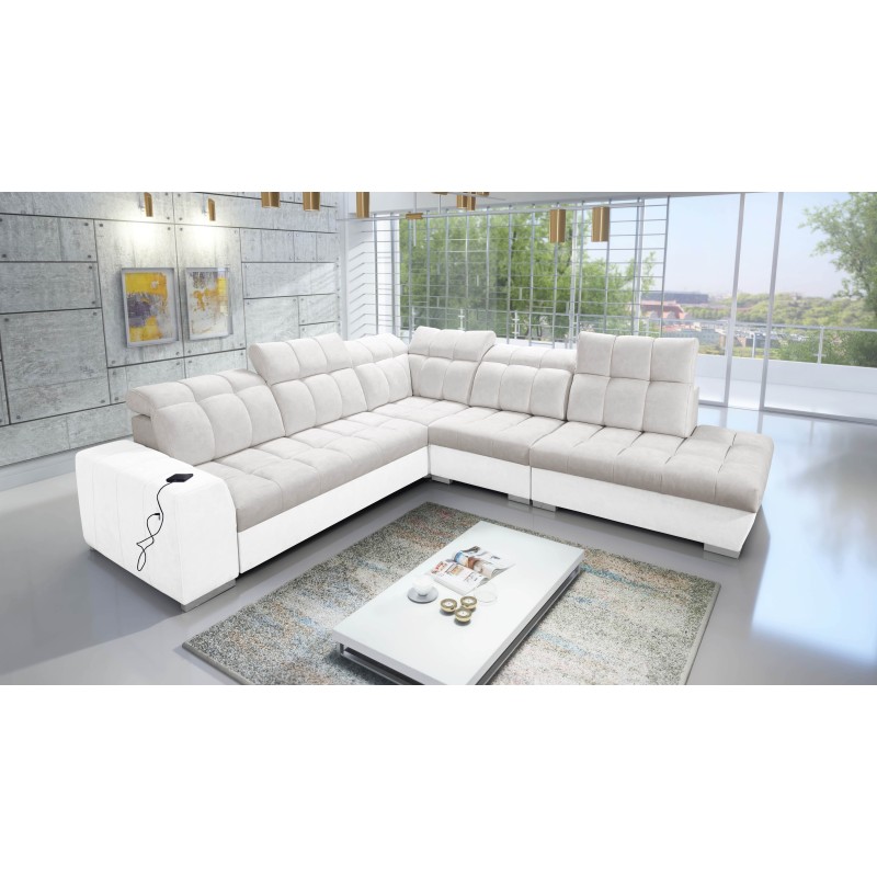 Prisma IX corner sofa with a sleeping function, USB port, and bedding storage - Velvet | Pet friendly, Terra 06 + Eco-leather Prisma IX corner sofa with a sleeping function, USB port, and bedding storage - Velvet | Pet friendly, Terra 06 + Eco-leather