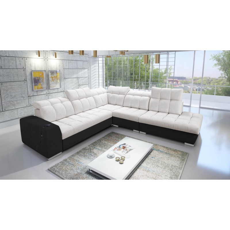 Prisma IX corner sofa with a sleeping function, USB port, and storage for bedding - Velvet | Pet friendly, Terra 06 + Black Eco- Prisma IX corner sofa with a sleeping function, USB port, and storage for bedding - Velvet | Pet friendly, Terra 06 + Black Eco-