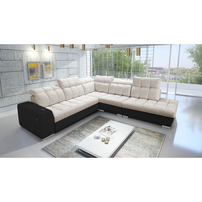 Prisma IX Corner Sofa with sleeping function, USB port, and bedding container - Velvet | Pet friendly, Terra 13 + Black Eco-leat Prisma IX Corner Sofa with sleeping function, USB port, and bedding container - Velvet | Pet friendly, Terra 13 + Black Eco-leat