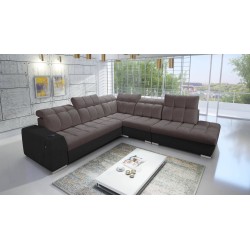 Prisma IX corner sofa with sleeping function, USB port, and bedding storage - Velvet | Pet-friendly, Terra 26 + Black Eco-leathe