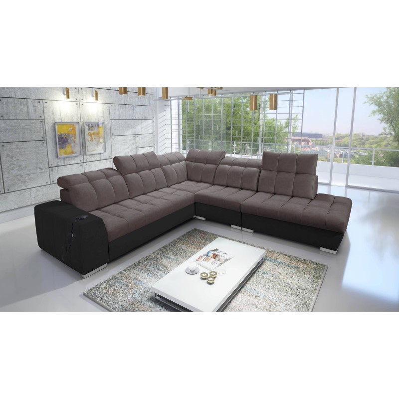 Prisma IX corner sofa with sleeping function, USB port, and bedding storage - Velvet | Pet-friendly, Terra 26 + Black Eco-leathe Prisma IX corner sofa with sleeping function, USB port, and bedding storage - Velvet | Pet-friendly, Terra 26 + Black Eco-leathe