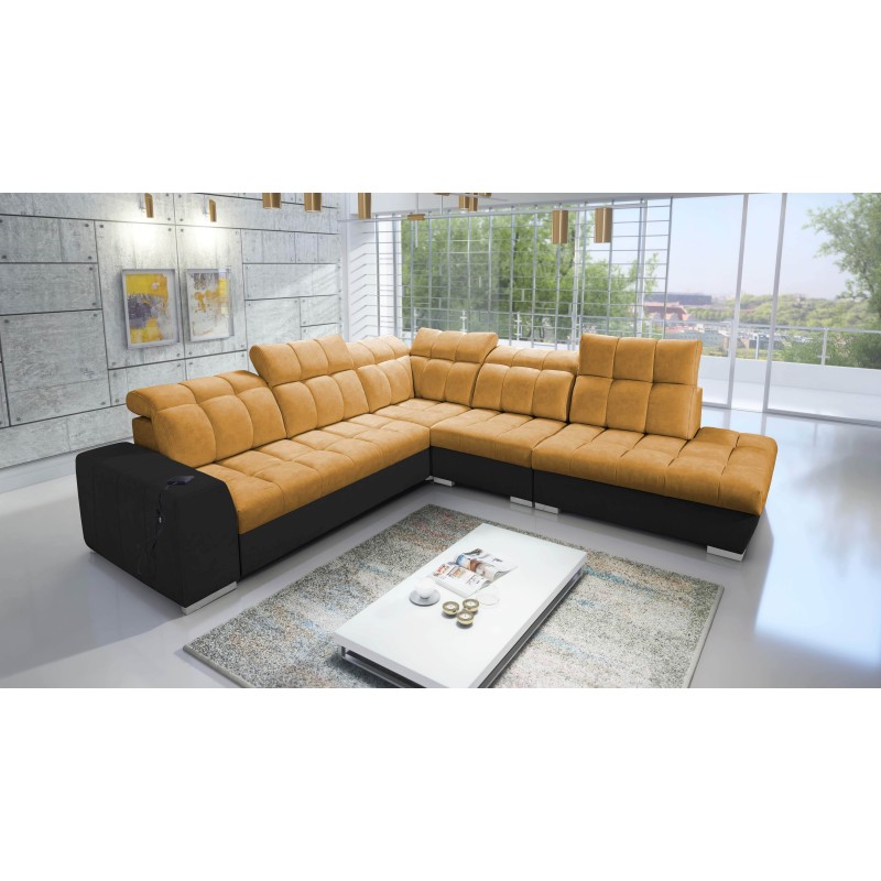 Prisma IX corner sofa with sleeping function, USB port, and bedding storage - Velvet | Pet friendly, Terra 48 + Black Eco-leathe Prisma IX corner sofa with sleeping function, USB port, and bedding storage - Velvet | Pet friendly, Terra 48 + Black Eco-leathe