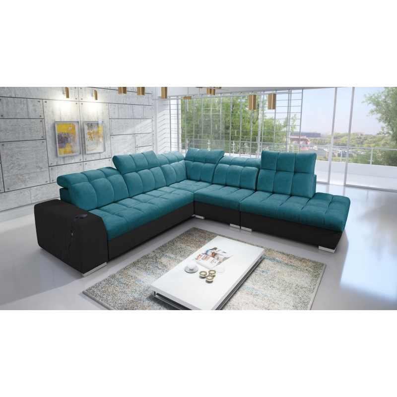 Prisma IX Corner Sofa with sleeping function, USB port, and bedding storage - Velvet | Pet friendly, Terra 75 + Black Eco-leathe Prisma IX Corner Sofa with sleeping function, USB port, and bedding storage - Velvet | Pet friendly, Terra 75 + Black Eco-leathe