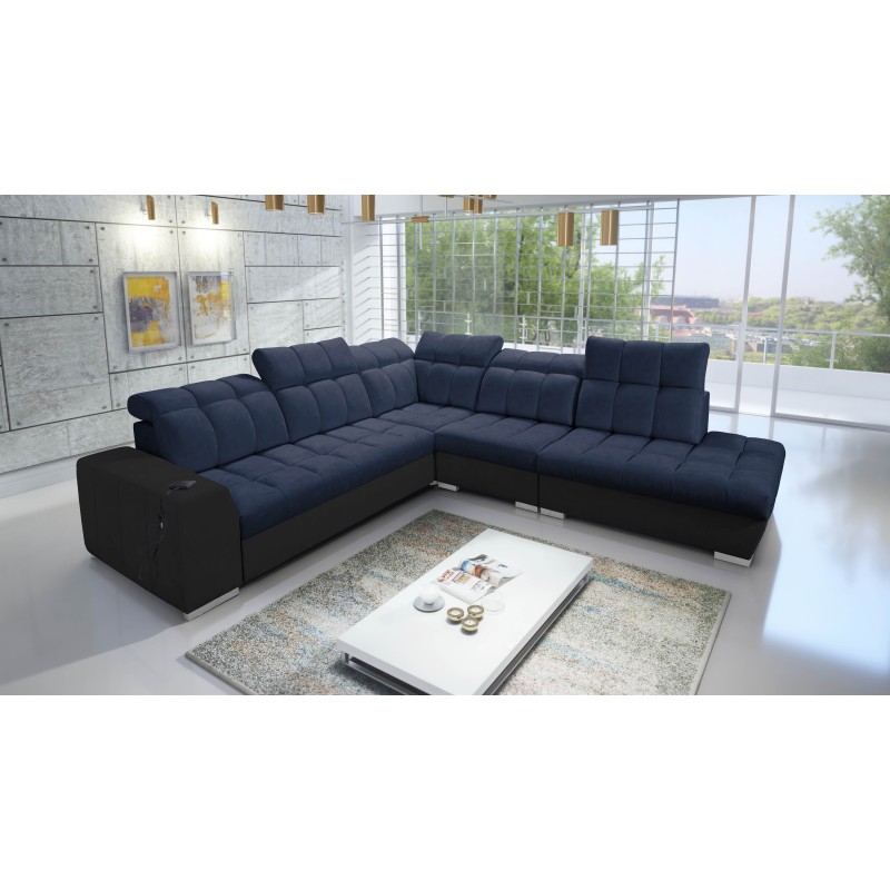 Prisma IX corner sofa with sleeping function, USB port, and bedding storage - Velvet | Pet friendly, Terra 79 + Black eco-leathe Prisma IX corner sofa with sleeping function, USB port, and bedding storage - Velvet | Pet friendly, Terra 79 + Black eco-leathe