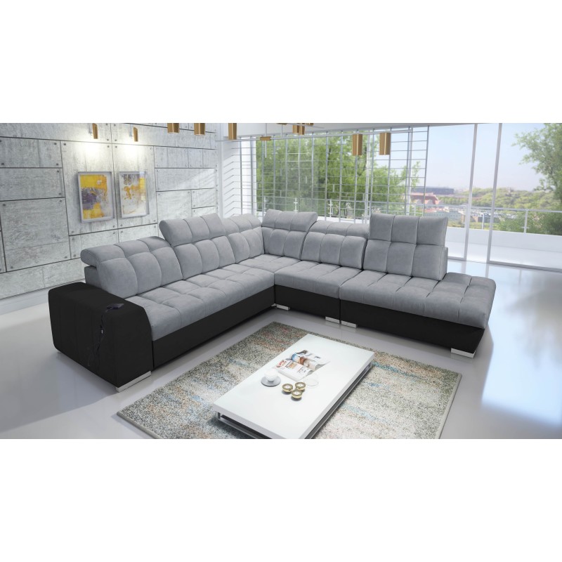 Prisma IX corner sofa with sleeping function, USB port, and bedding storage - Velvet | Pet friendly, Terra 92 + Black Eco-leathe Prisma IX corner sofa with sleeping function, USB port, and bedding storage - Velvet | Pet friendly, Terra 92 + Black Eco-leathe