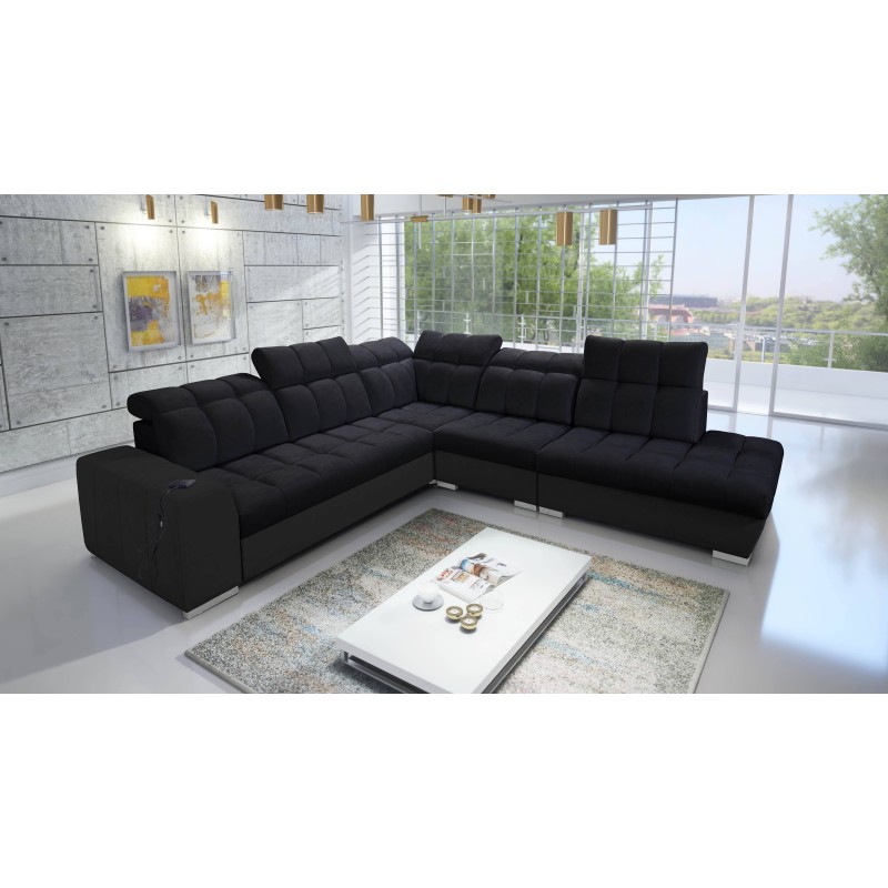 Prisma IX corner sofa with sleeping function, USB port, and bedding storage - Velvet | Pet friendly, Terra 99 + Black Eco-leathe Prisma IX corner sofa with sleeping function, USB port, and bedding storage - Velvet | Pet friendly, Terra 99 + Black Eco-leathe