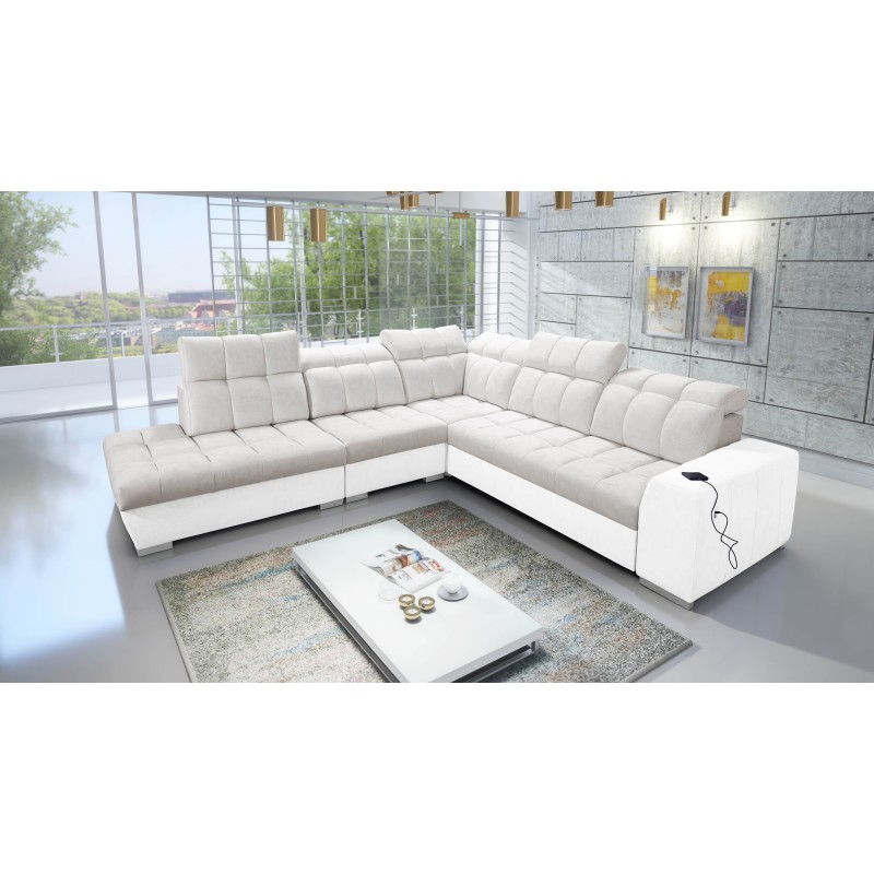 Prisma IX corner sofa with a sleeping function, USB port, and bedding storage - Velvet | Pet friendly, Terra 06 + Eco-leather Prisma IX corner sofa with a sleeping function, USB port, and bedding storage - Velvet | Pet friendly, Terra 06 + Eco-leather
