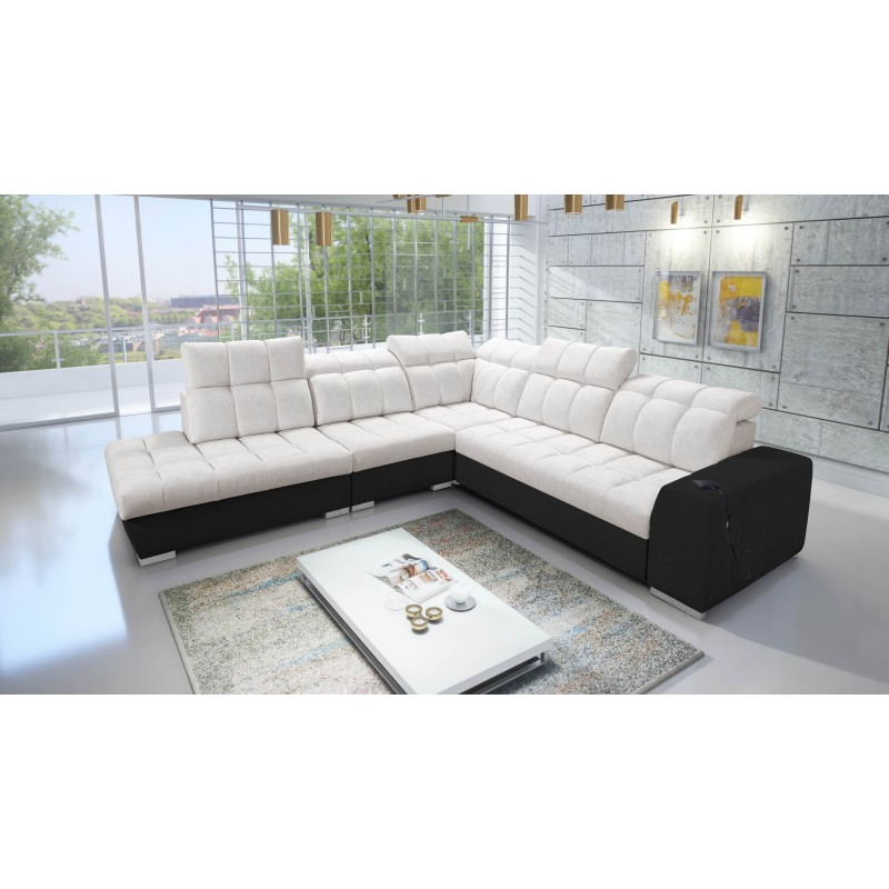 Prisma IX corner sofa with a sleeping function, USB port, and storage for bedding - Velvet | Pet friendly, Terra 06 + Black Eco- Prisma IX corner sofa with a sleeping function, USB port, and storage for bedding - Velvet | Pet friendly, Terra 06 + Black Eco-