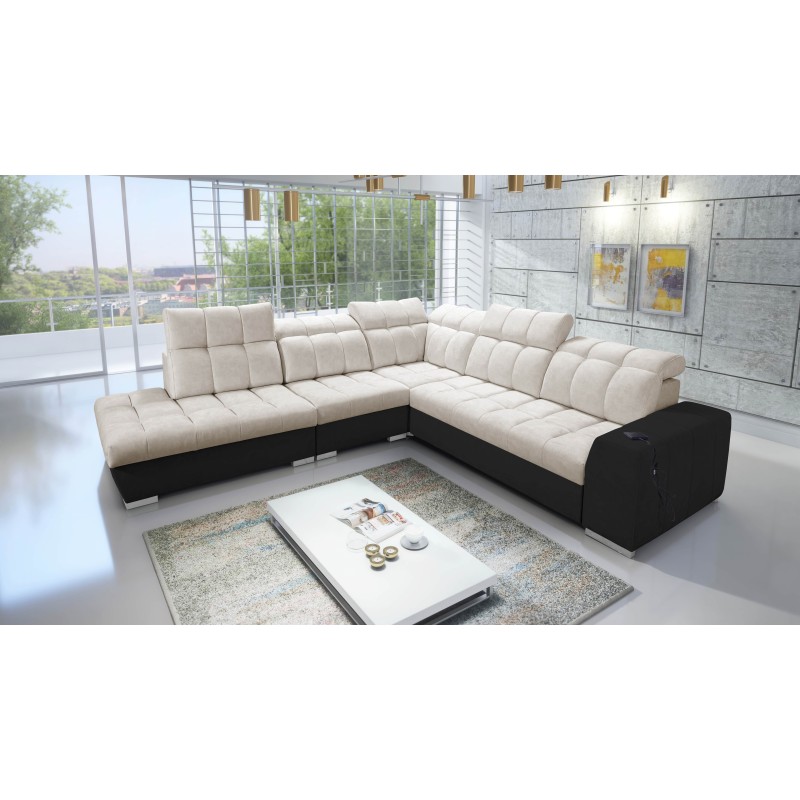 Prisma IX Corner Sofa with sleeping function, USB port, and bedding container - Velvet | Pet friendly, Terra 13 + Black Eco-leat Prisma IX Corner Sofa with sleeping function, USB port, and bedding container - Velvet | Pet friendly, Terra 13 + Black Eco-leat