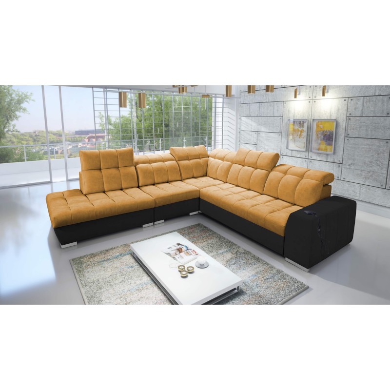 Prisma IX corner sofa with sleeping function, USB port, and bedding storage - Velvet | Pet friendly, Terra 48 + Black Eco-leathe Prisma IX corner sofa with sleeping function, USB port, and bedding storage - Velvet | Pet friendly, Terra 48 + Black Eco-leathe