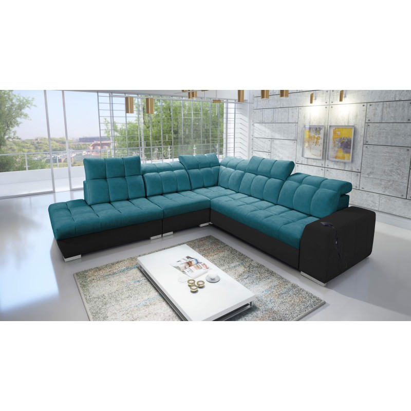 Prisma IX Corner Sofa with sleeping function, USB port, and bedding storage - Velvet | Pet friendly, Terra 75 + Black Eco-leathe Prisma IX Corner Sofa with sleeping function, USB port, and bedding storage - Velvet | Pet friendly, Terra 75 + Black Eco-leathe