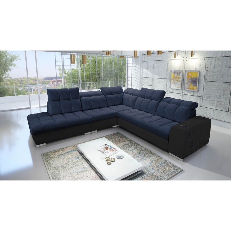 Prisma IX corner sofa with sleeping function, USB port, and bedding storage - Velvet | Pet friendly, Terra 79 + Black eco-leathe Prisma IX corner sofa with sleeping function, USB port, and bedding storage - Velvet | Pet friendly, Terra 79 + Black eco-leathe