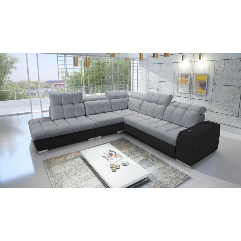 Prisma IX corner sofa with sleeping function, USB port, and bedding storage - Velvet | Pet friendly, Terra 92 + Black Eco-leathe Prisma IX corner sofa with sleeping function, USB port, and bedding storage - Velvet | Pet friendly, Terra 92 + Black Eco-leathe