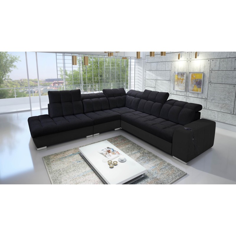 Prisma IX corner sofa with sleeping function, USB port, and bedding storage - Velvet | Pet friendly, Terra 99 + Black Eco-leathe Prisma IX corner sofa with sleeping function, USB port, and bedding storage - Velvet | Pet friendly, Terra 99 + Black Eco-leathe
