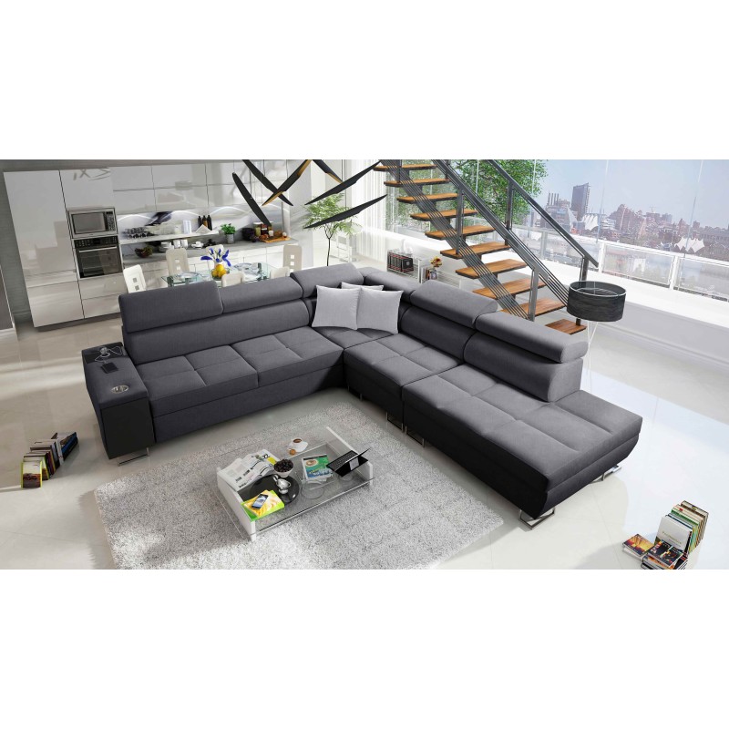 Orbix IX Corner Sofa with Sleeping Function, Adjustable Headrests, USB Port - Plecionka, Sawana 96