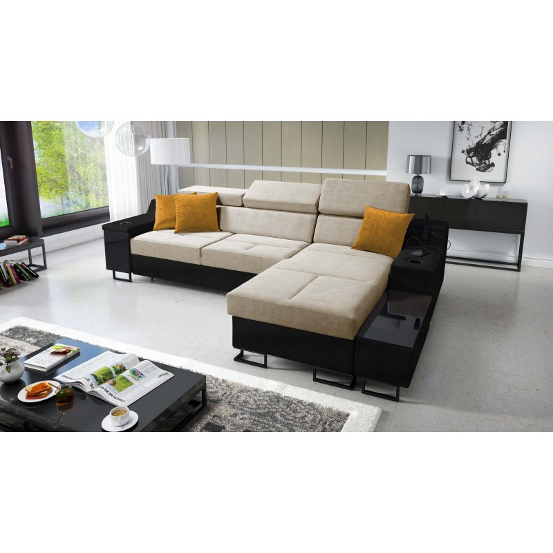 The Avanti I mini corner sofa with a sleeping function and a lamp with a USB port, fabric Whisper 3 + black eco-leather The Avanti I mini corner sofa with a sleeping function and a lamp with a USB port, fabric Whisper 3 + black eco-leather
