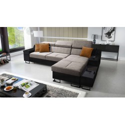 Avanti I mini corner sofa with a sleeping function and a lamp with a USB port, fabric Whisper 5 + black eco-leather