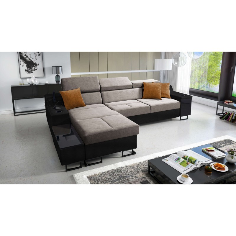 Avanti I mini corner sofa with a sleeping function and a lamp with a USB port, fabric Whisper 5 + black eco-leather Avanti I mini corner sofa with a sleeping function and a lamp with a USB port, fabric Whisper 5 + black eco-leather