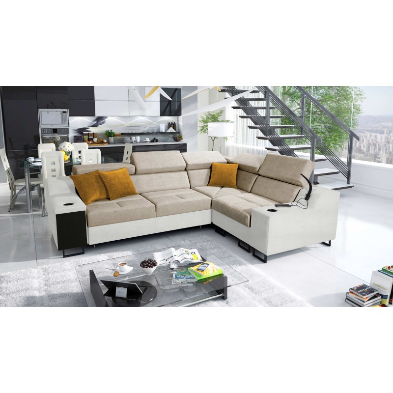 Avanti II corner sofa with a sleeping function and a lamp with a USB port, fabric Whisper 3 + Eco-leather Avanti II corner sofa with a sleeping function and a lamp with a USB port, fabric Whisper 3 + Eco-leather