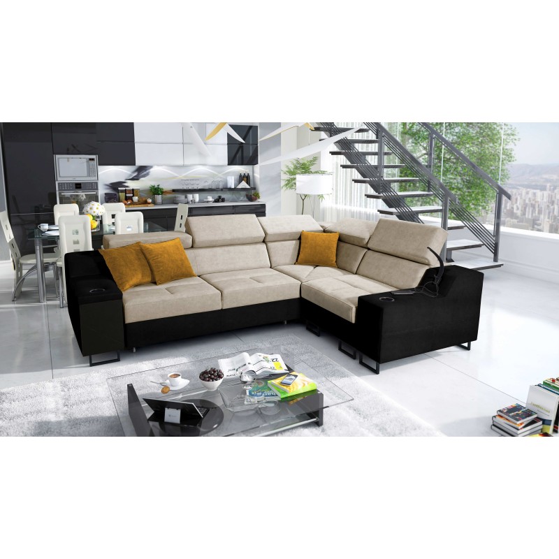 Avanti II sectional sofa with a sleeping function and a lamp with a USB port, fabric Whisper 3 + black Eco-leather Avanti II sectional sofa with a sleeping function and a lamp with a USB port, fabric Whisper 3 + black Eco-leather
